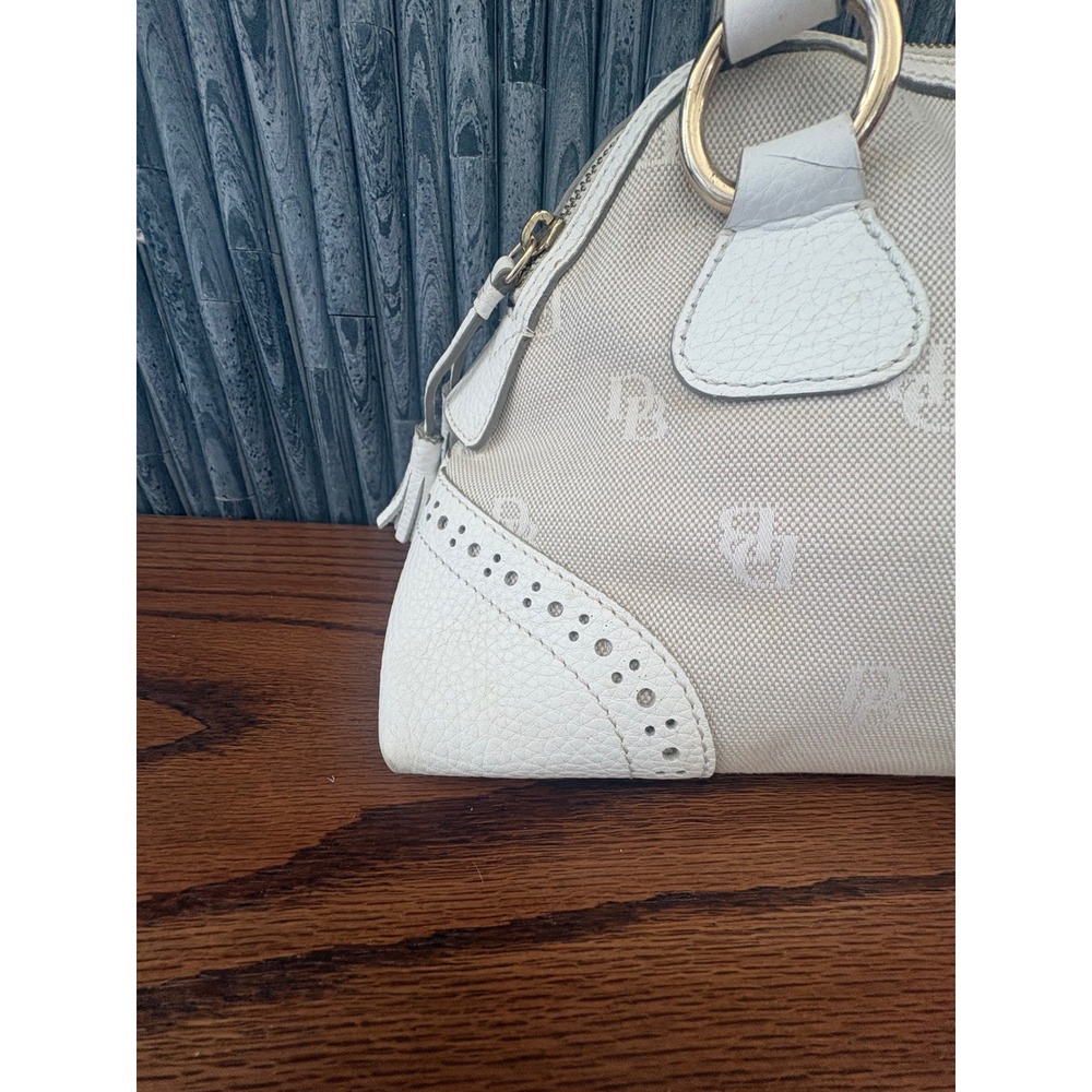 Dooney & Bourke Monogram Canvas Satchel Bag White Leather Trim w/ vintage Scarf - Picture 3 of 12